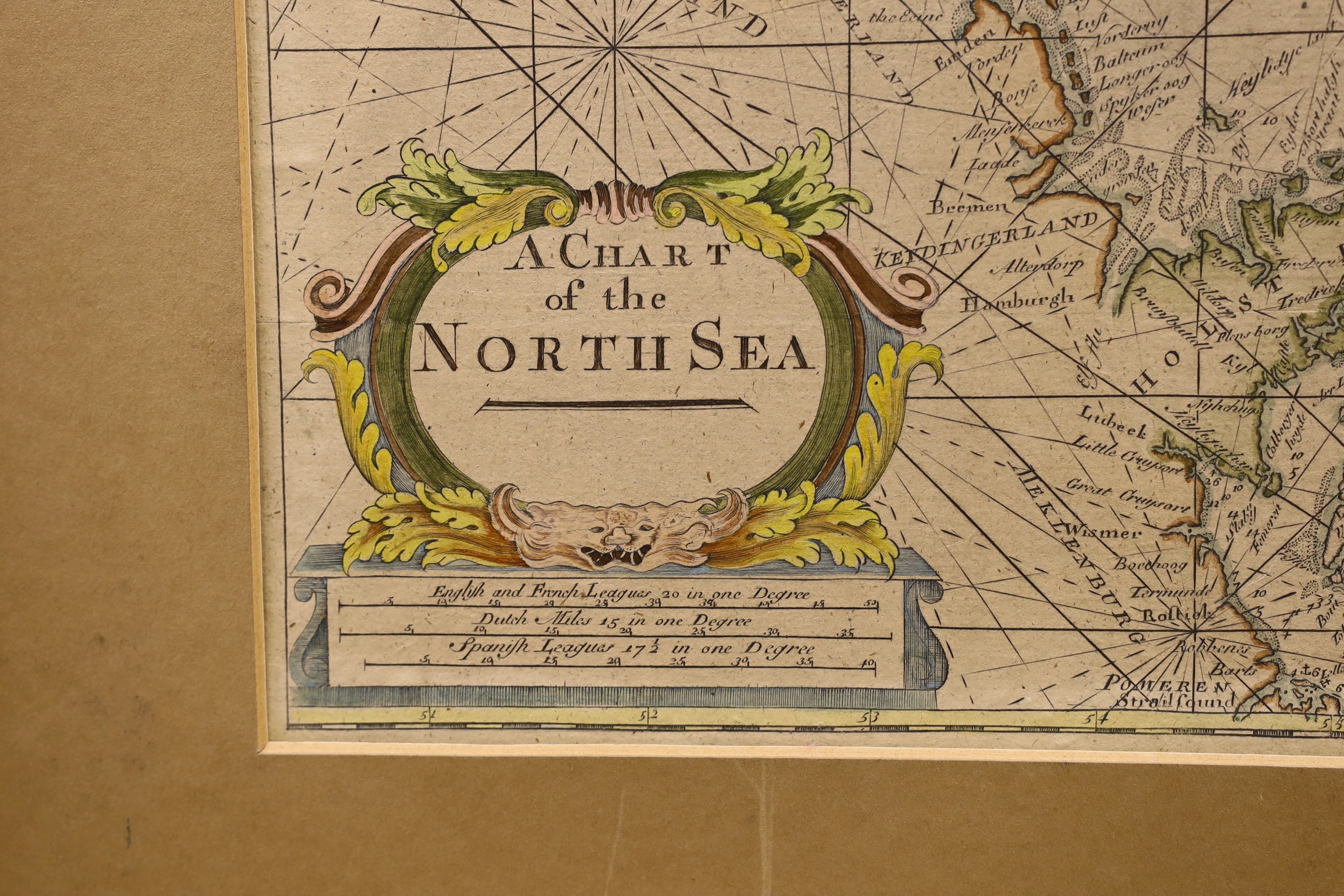 After Mount & Page, 18th century style, map of the North Sea, 44 x 53cm